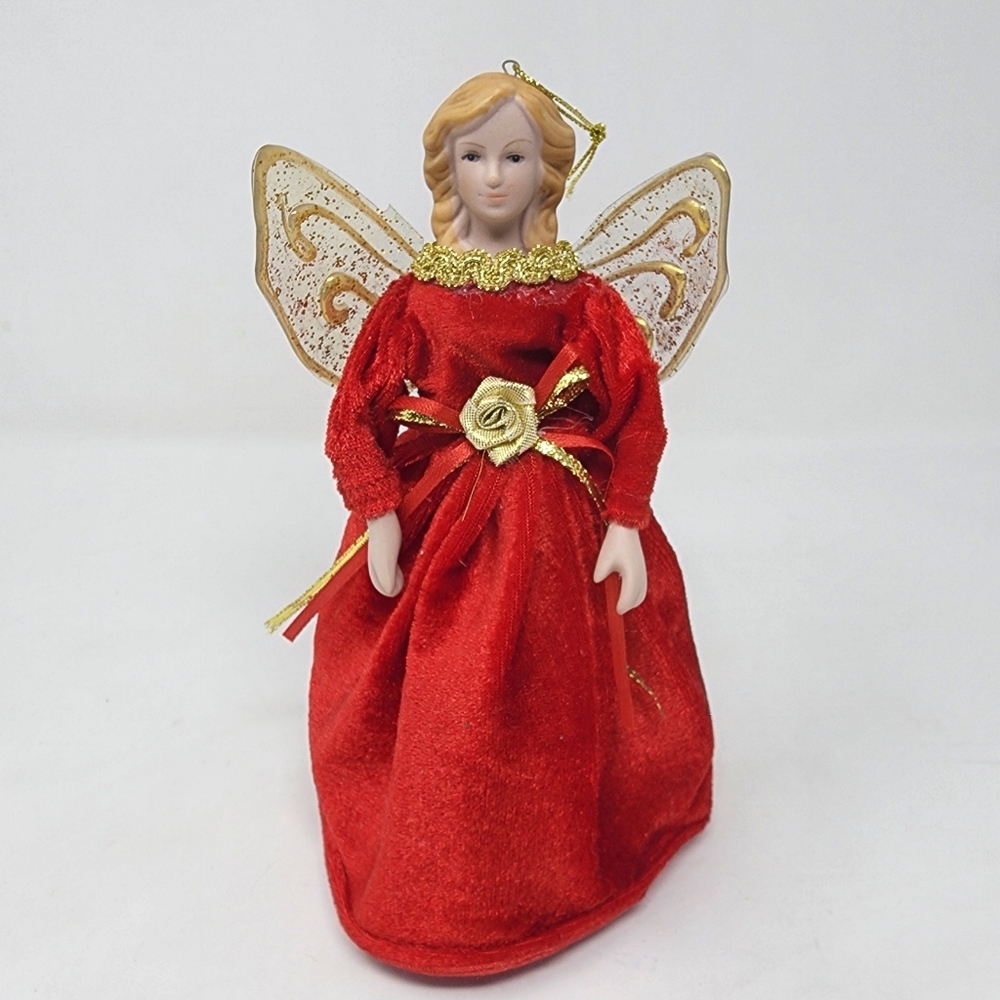 Vintage Angel Ornament‎ Red Dress Gold Wings 8" Ceramic Head/hands